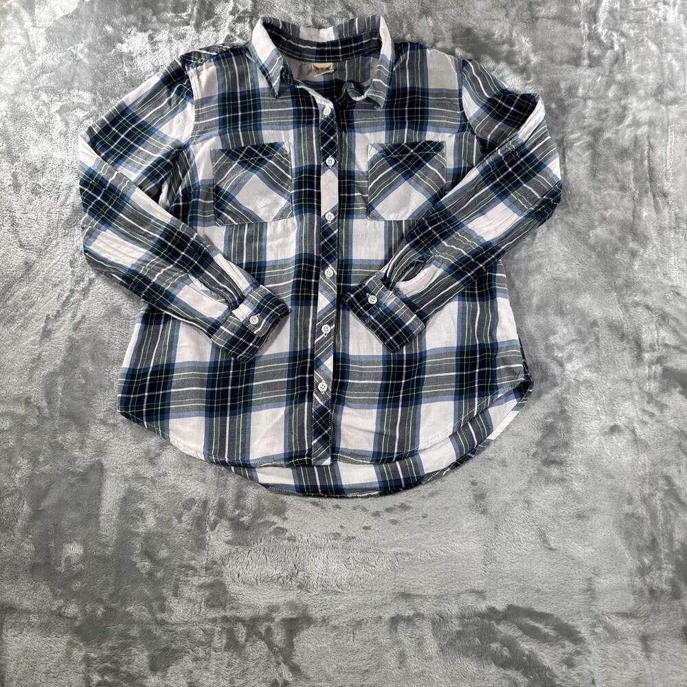 Faded Glory Flannel Shirt Womens Medium 8 10 Green Blue Plaid Long Sleeve Cotton